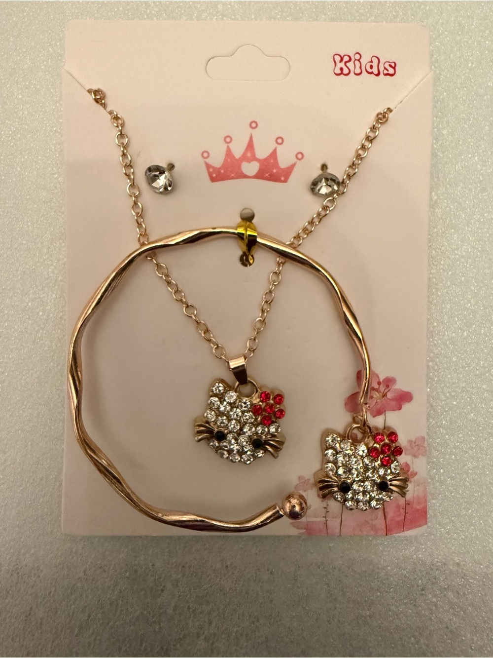 Gold-Tone Kids Crystal Cat Necklace & Bangle Jewelry Set - Rose Gold
